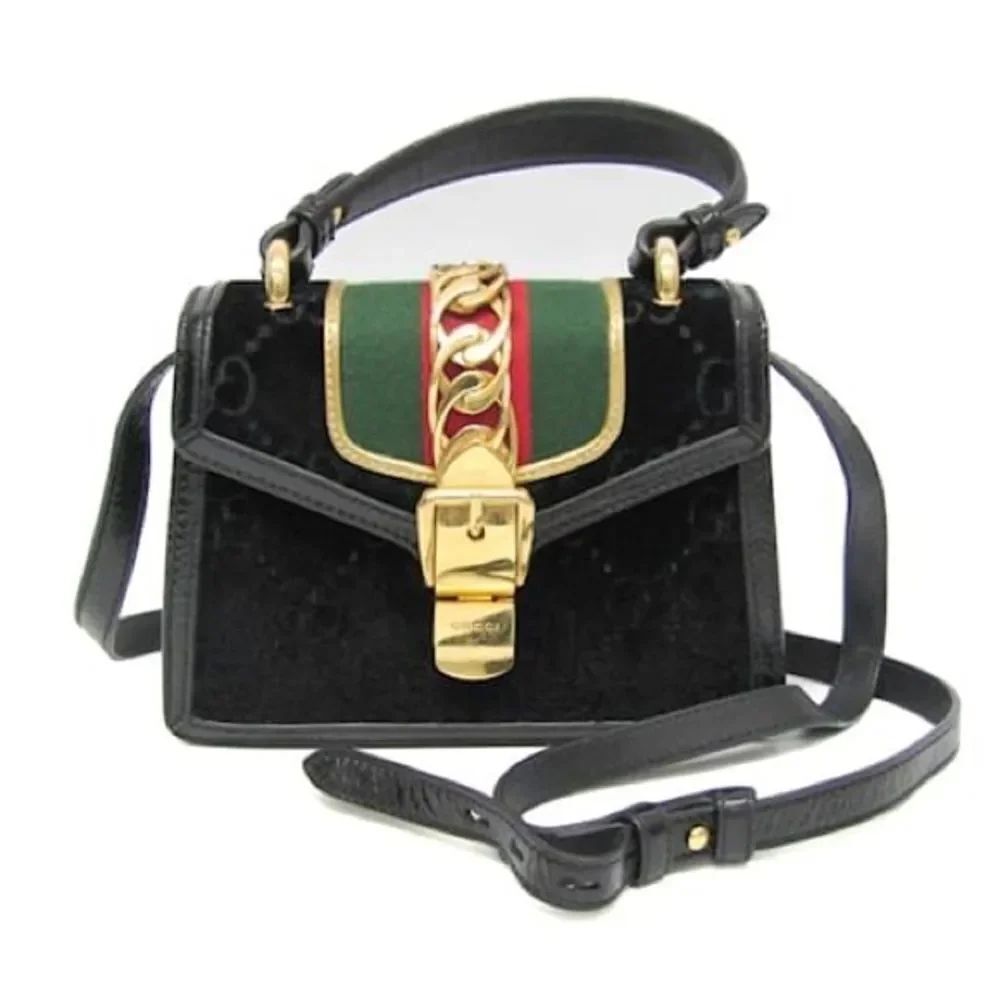 GUCCI Sylvie GG pattern bag in Black Patent leather and velvet